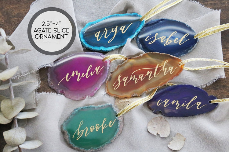 custom christmas calligraphy ornament agate slice | LARGE