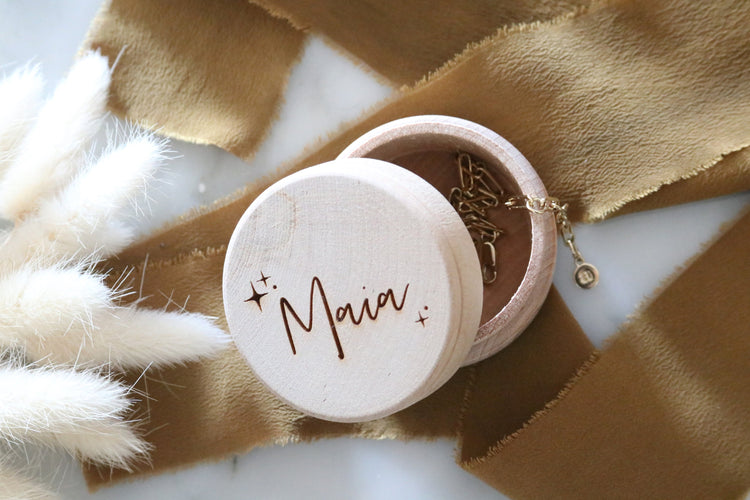 custom name round wood jewelry trinket box | personalized