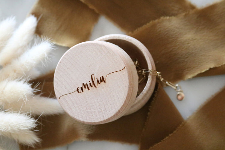 custom name round wood jewelry trinket box | personalized