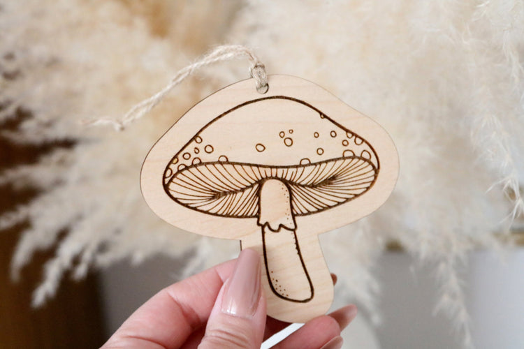 set of 6 wood mushroom christmas ornaments