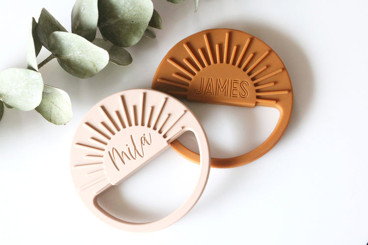 custom sunburst baby teething ring