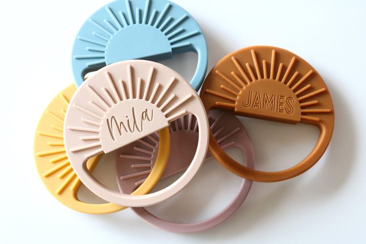 custom sunburst baby teething ring