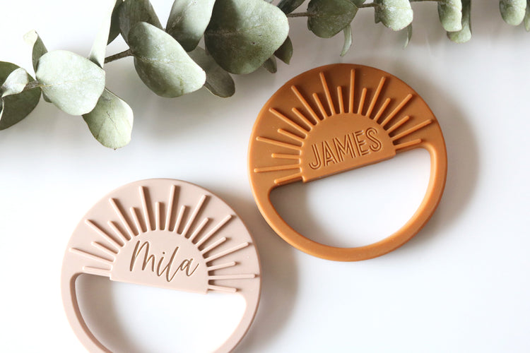 custom sunburst baby teething ring