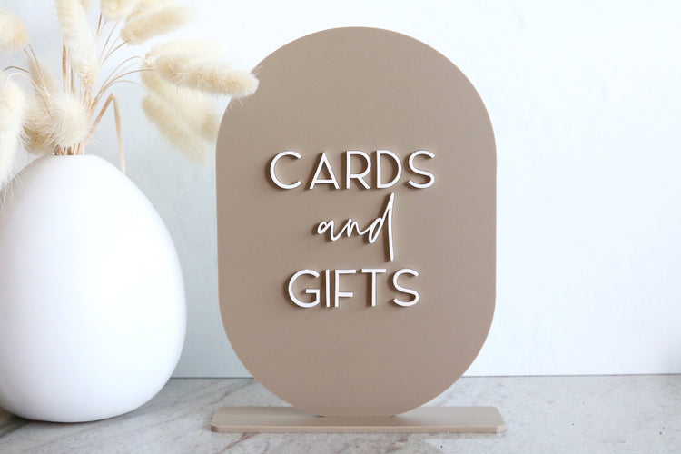 acrylic oval arch cards and gifts sign | acrylic wedding sign | wedding decor | arched | wedding reception | acrylic | table | card table
