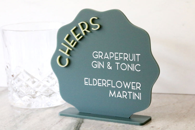 acrylic wavy signature drinks bar sign | acrylic wedding sign | wedding decor | modern | signature drinks | reception | bar table | abstract