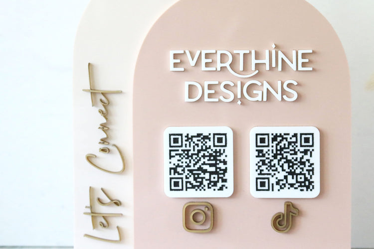 acrylic double arch social media QR code business sign | small business sign | let's connect | freestanding | logo | market sign | touchless