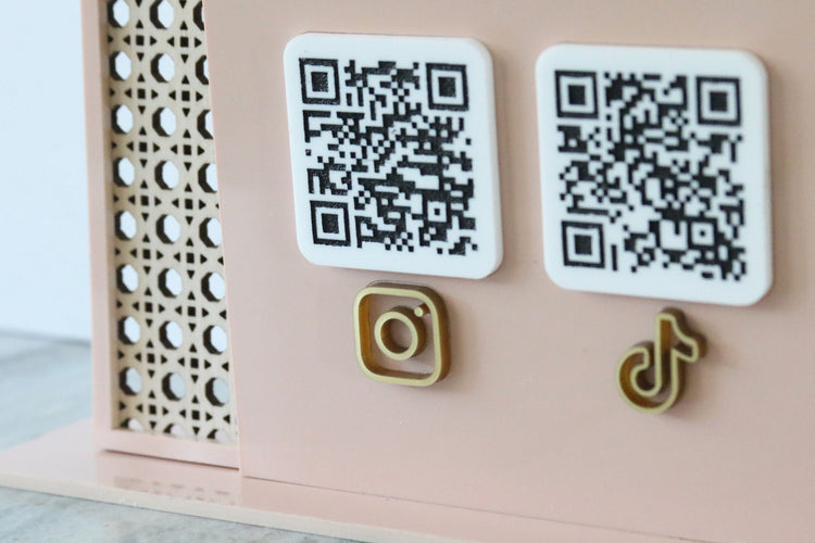 acrylic double arch rattan social media QR code business sign | small business sign | let's connect | freestanding | logo | market