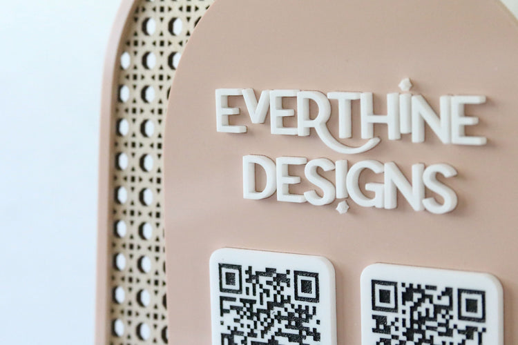 acrylic double arch rattan social media QR code business sign | small business sign | let's connect | freestanding | logo | market