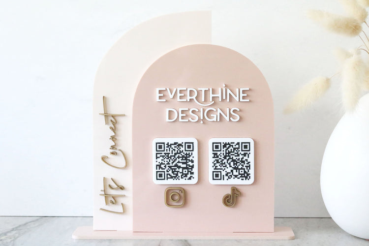 acrylic double arch social media QR code business sign | small business sign | let's connect | freestanding | logo | market sign | touchless