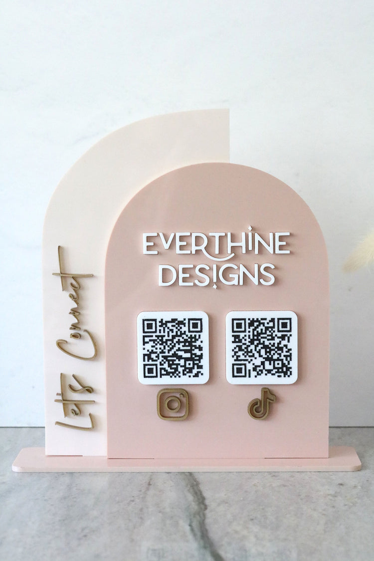 acrylic double arch social media QR code business sign | small business sign | let's connect | freestanding | logo | market sign | touchless