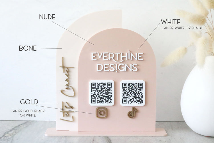 acrylic double arch social media QR code business sign | small business sign | let's connect | freestanding | logo | market sign | touchless
