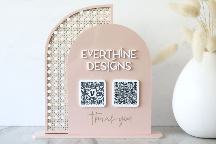 acrylic double arch rattan scan to pay QR code business sign | small business sign | payment | freestanding | logo | market sign | touchless