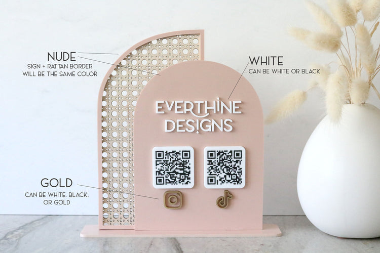 acrylic double arch rattan social media QR code business sign | small business sign | let's connect | freestanding | logo | market