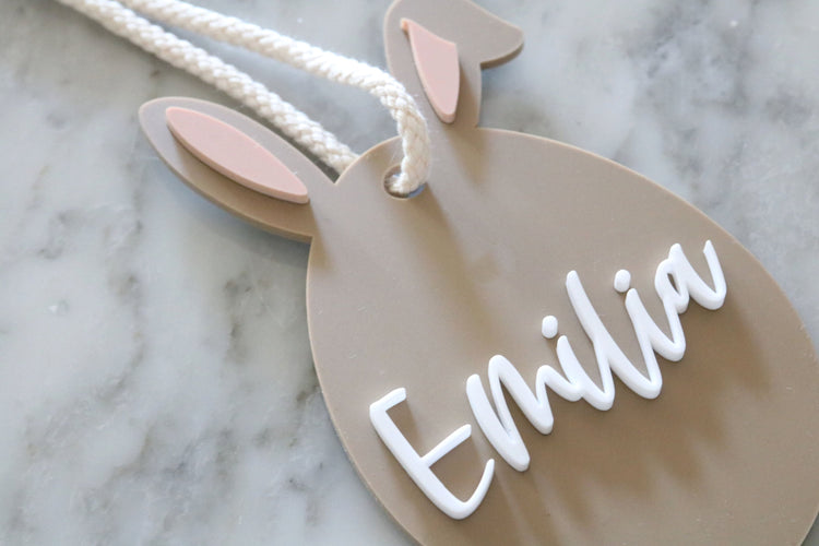 custom bunny easter basket acrylic name tag | easter basket | name tag | place card | first easter | kids basket | bunny ears | bag tag