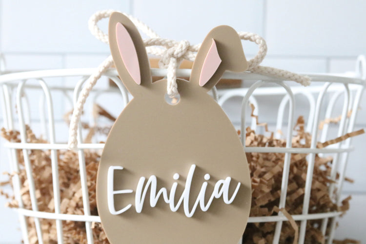 custom bunny easter basket acrylic name tag | easter basket | name tag | place card | first easter | kids basket | bunny ears | bag tag