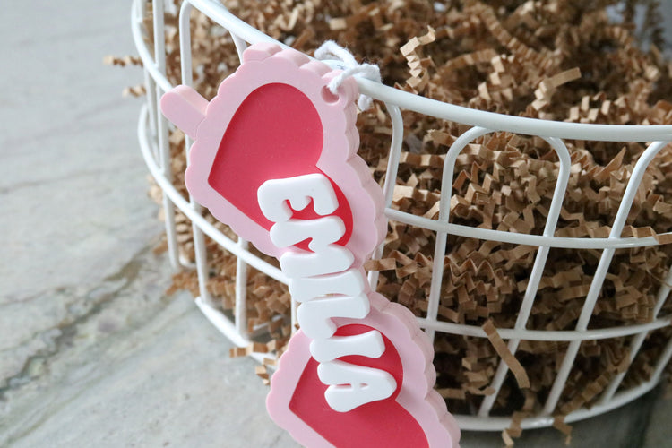 custom scalloped heart sunglasses acrylic basket name tag | valentines day | heart sunglasses | easter basket | name | holiday | basket tag