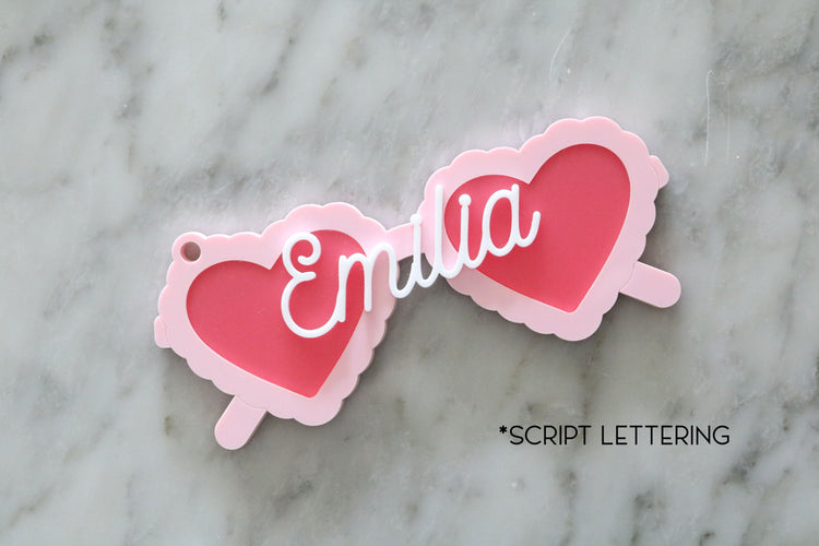 custom scalloped heart sunglasses acrylic basket name tag | valentines day | heart sunglasses | easter basket | name | holiday | basket tag