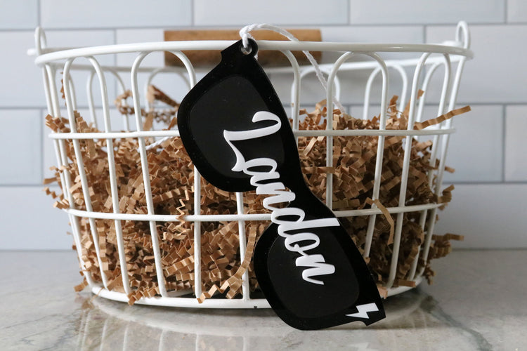 custom rad dude sunglasses acrylic basket name tag | valentines day | rad little dude | easter basket | name | holiday | basket tag