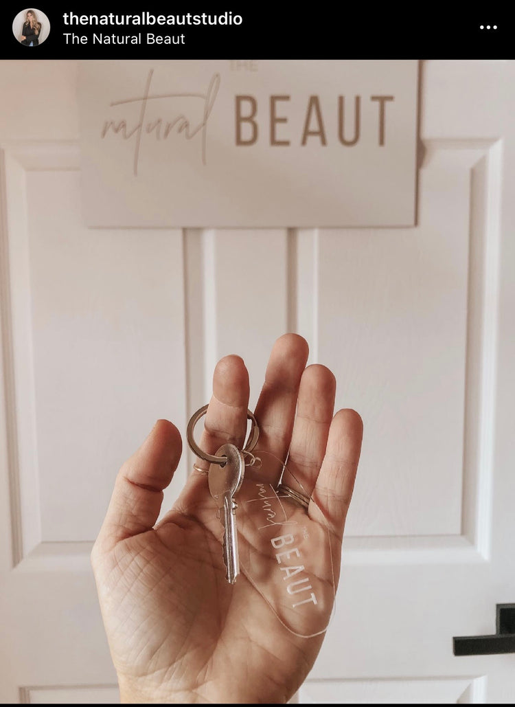 custom business logo motel keychain | clear or fluorescent pink