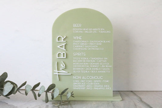 acrylic arch bar sign | acrylic wedding sign | wedding decor | arched | signature drinks | reception | acrylic | bar table | drinks|bar sign