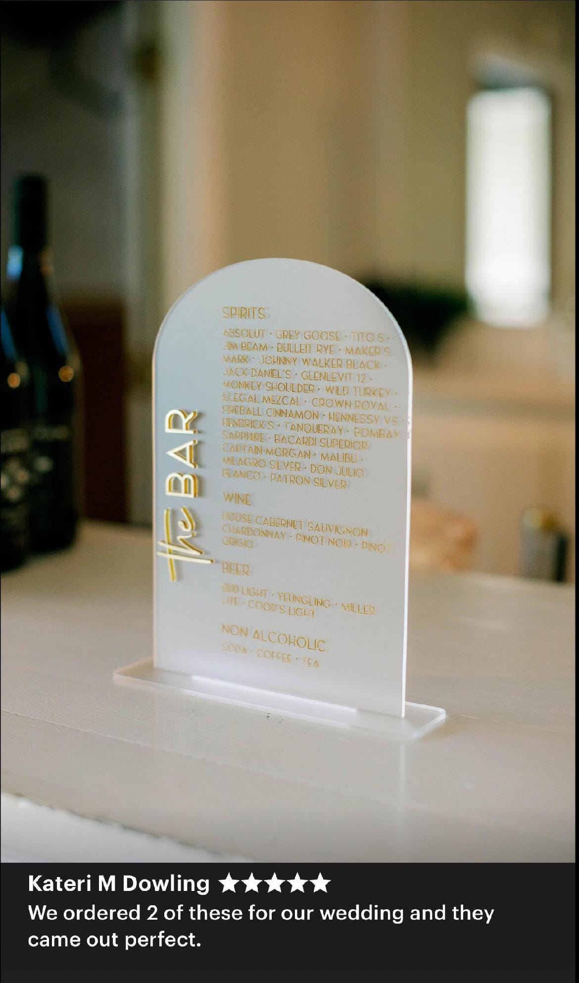 acrylic arch bar sign | acrylic wedding sign | wedding decor | arched | signature drinks | reception | acrylic | bar table | drinks|bar sign
