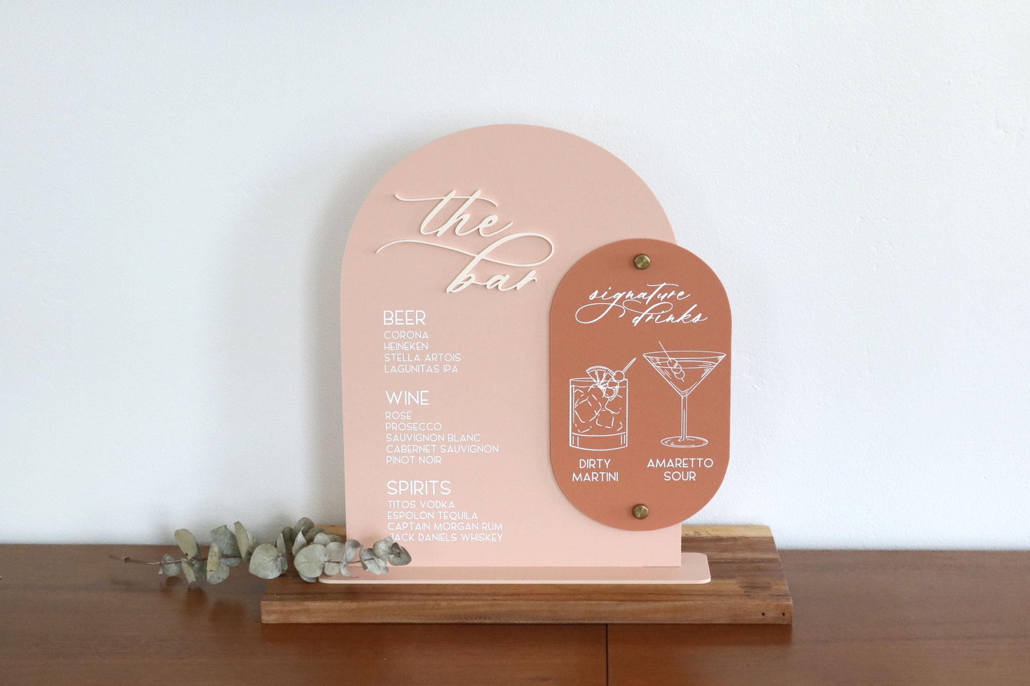 acrylic arch bar and signature drinks sign | acrylic wedding sign | wedding decor | unique | the bar | reception | bar table | luxe