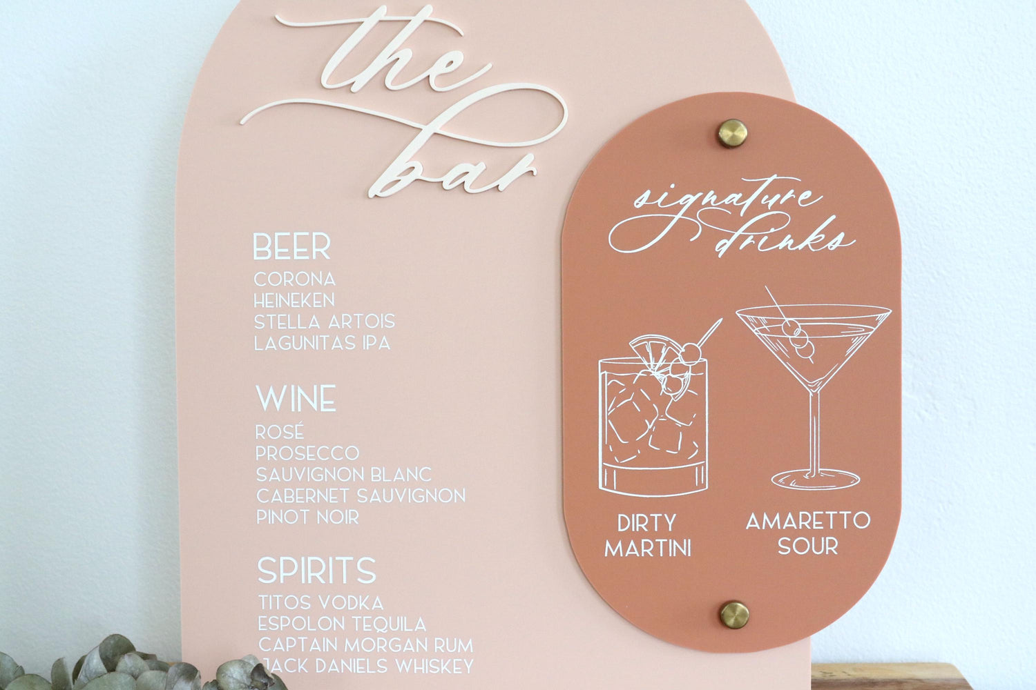 acrylic arch bar and signature drinks sign | acrylic wedding sign | wedding decor | unique | the bar | reception | bar table | luxe