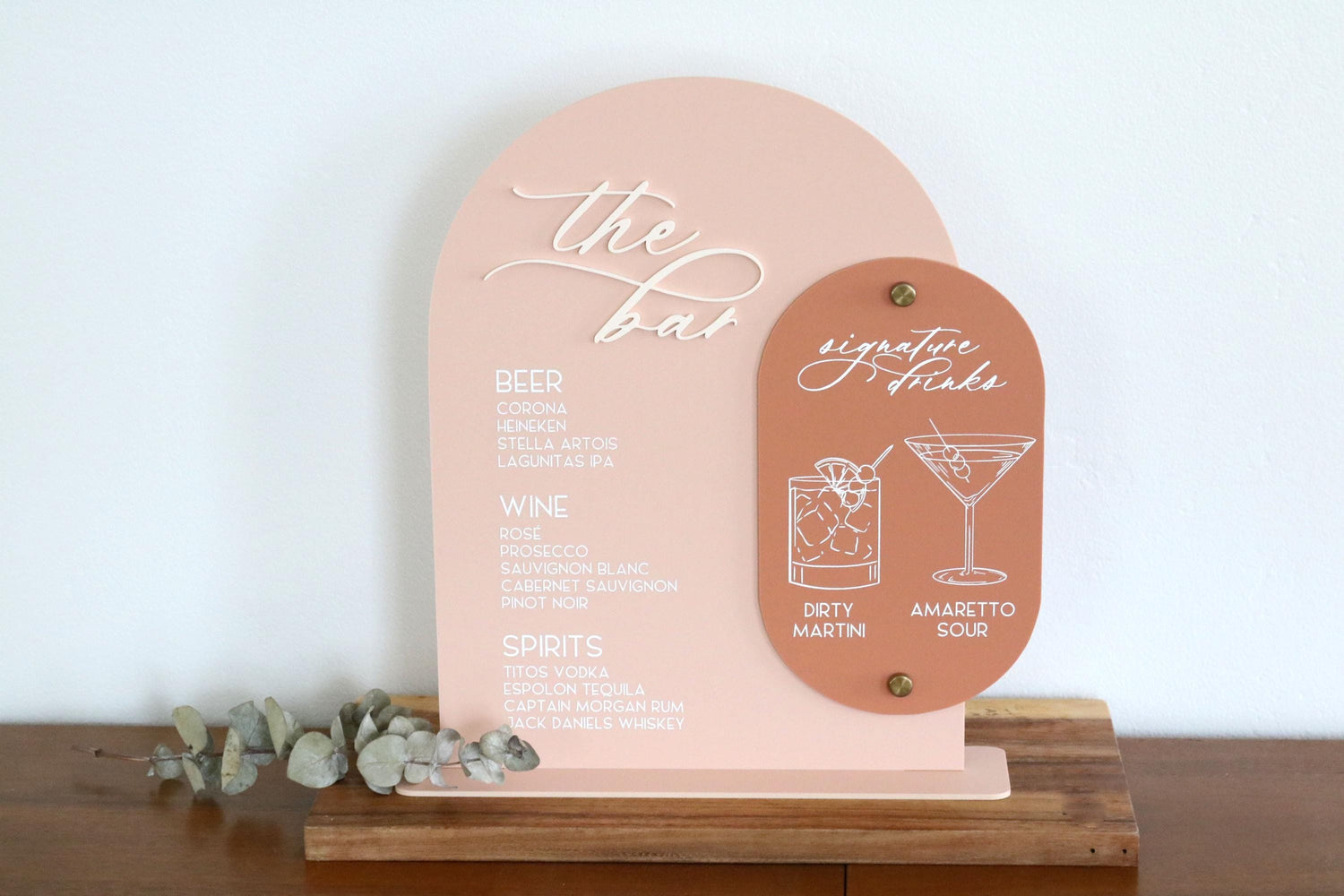 acrylic arch bar and signature drinks sign | acrylic wedding sign | wedding decor | unique | the bar | reception | bar table | luxe