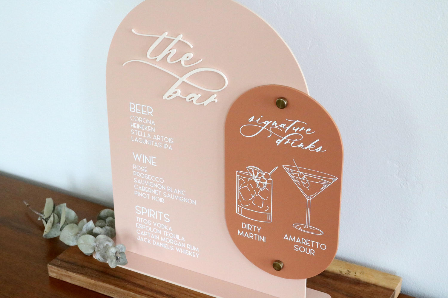 acrylic arch bar and signature drinks sign | acrylic wedding sign | wedding decor | unique | the bar | reception | bar table | luxe