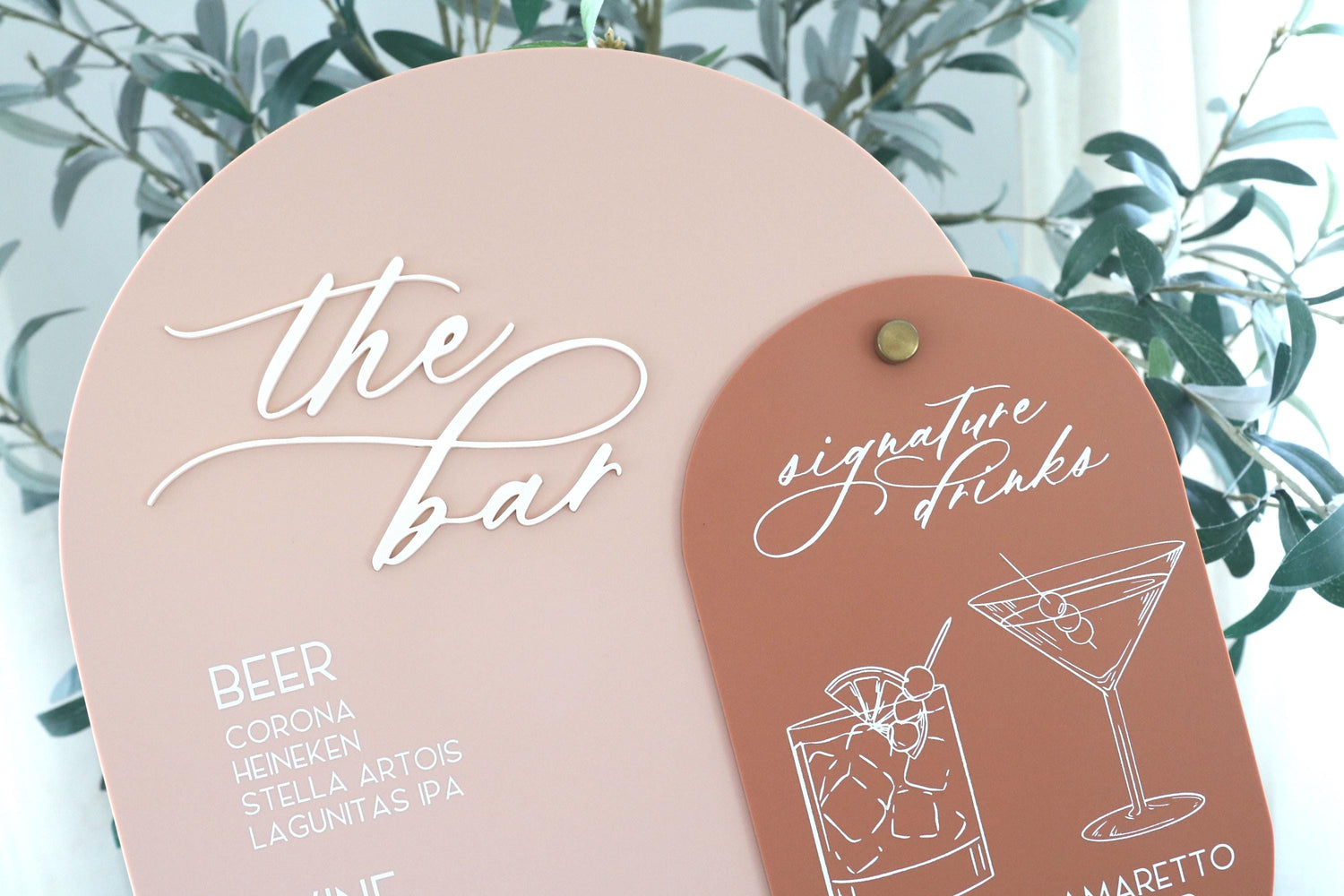 acrylic arch bar and signature drinks sign | acrylic wedding sign | wedding decor | unique | the bar | reception | bar table | luxe