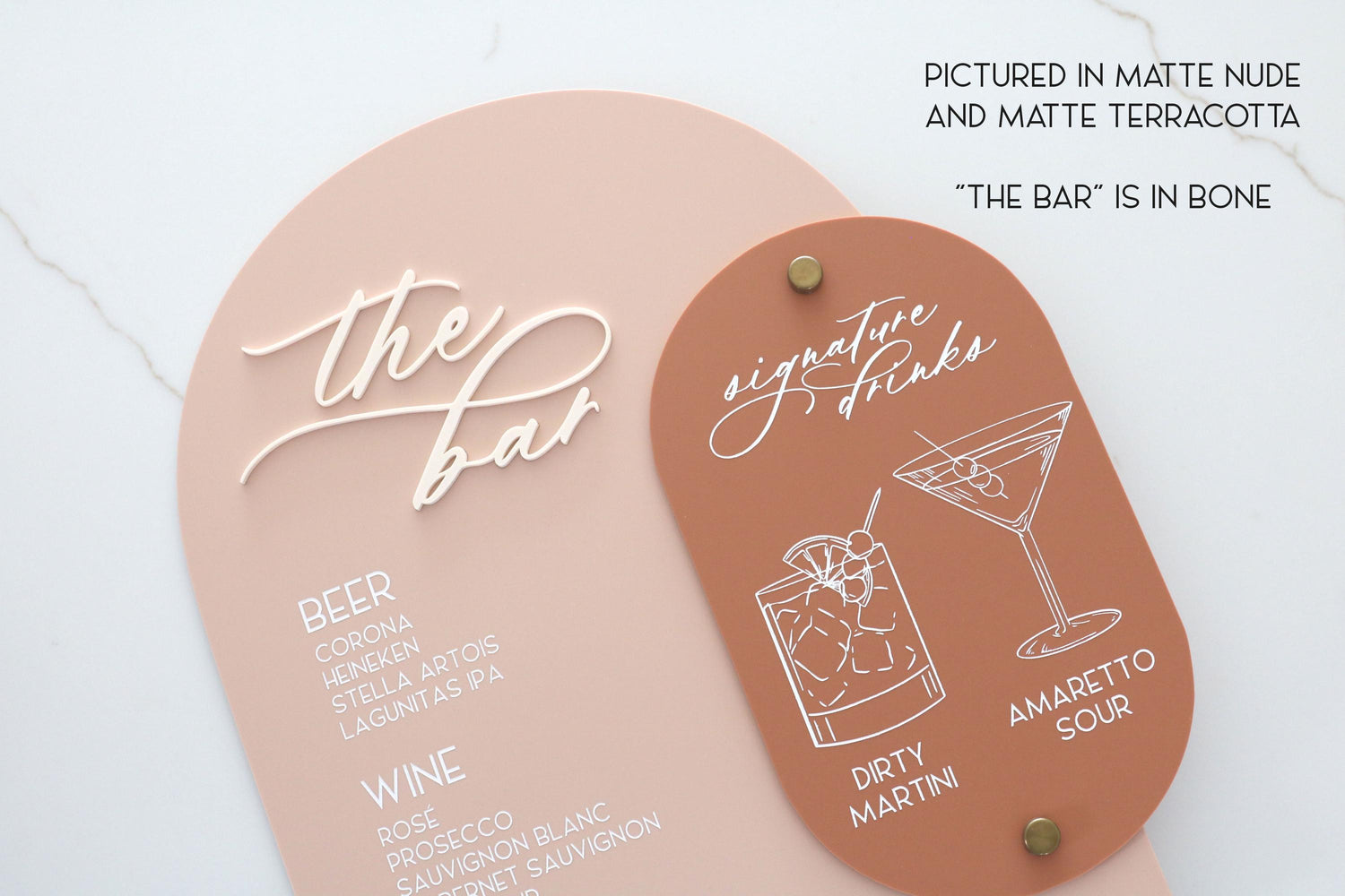 acrylic arch bar and signature drinks sign | acrylic wedding sign | wedding decor | unique | the bar | reception | bar table | luxe