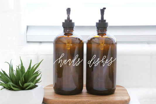 HANDS + DISHES | calligraphy amber soap dispenser set