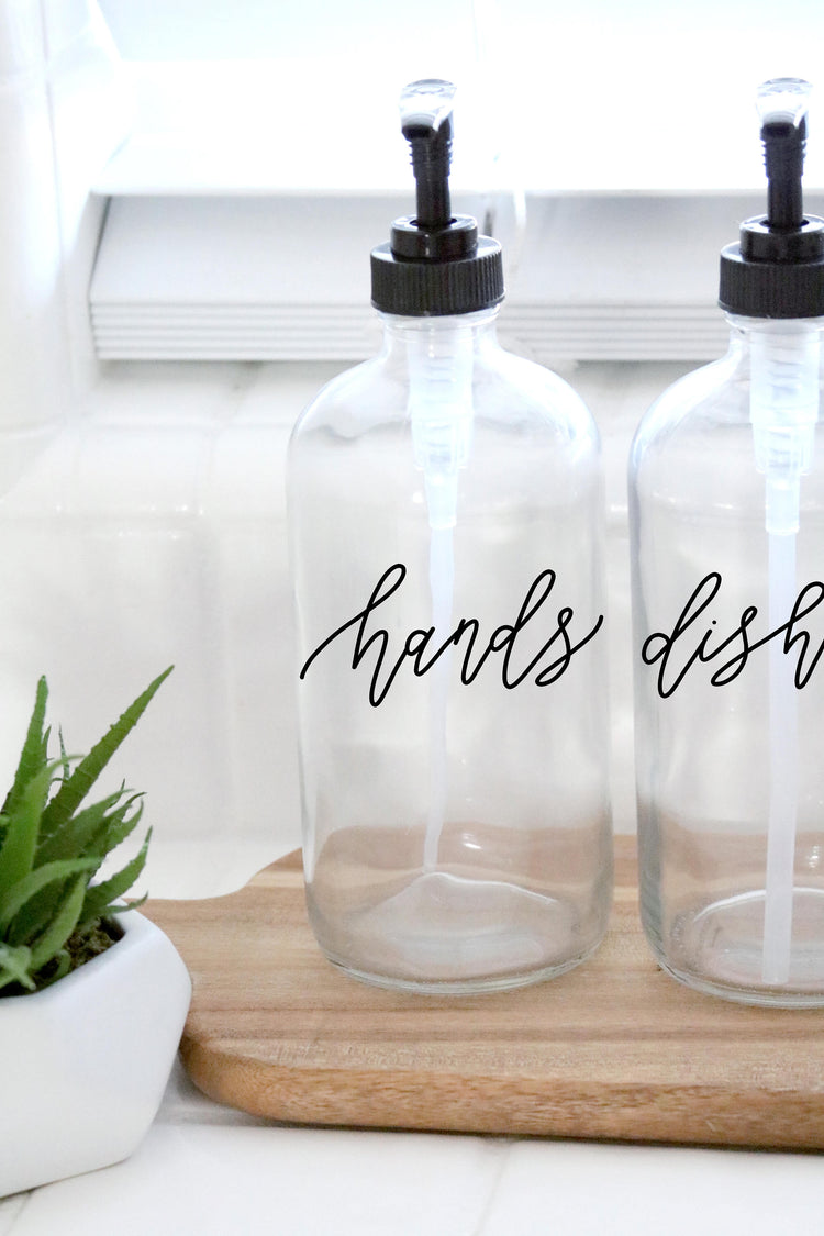 HANDS + DISHES | calligraphy clear soap dispenser set