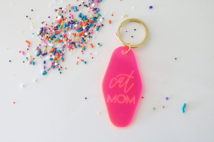 cat mom motel keychain | clear or fluorescent pink