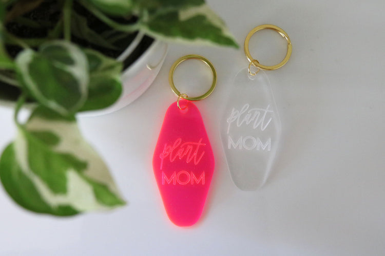 plant mom motel keychain | clear or fluorescent pink