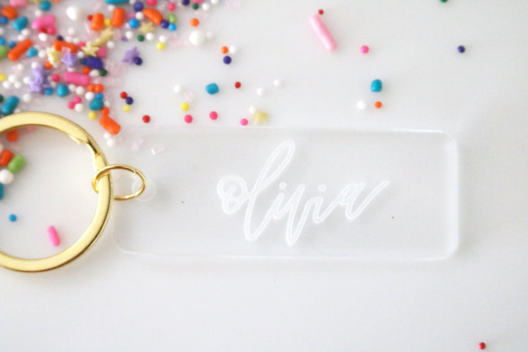custom calligraphy name keychain | clear or fluorescent pink
