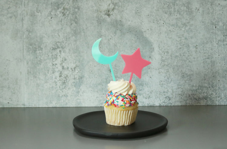 moon and star acrylic cake cupcake topper | set of 2