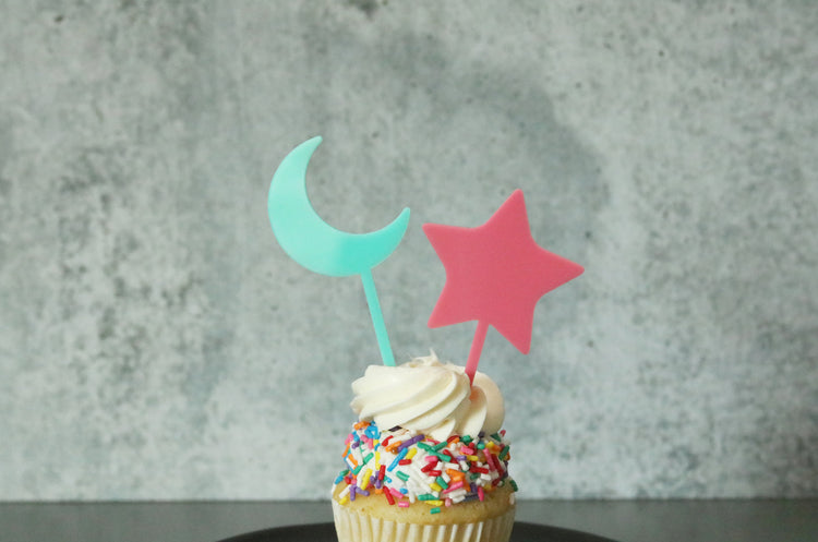 moon and star acrylic cake cupcake topper | set of 2