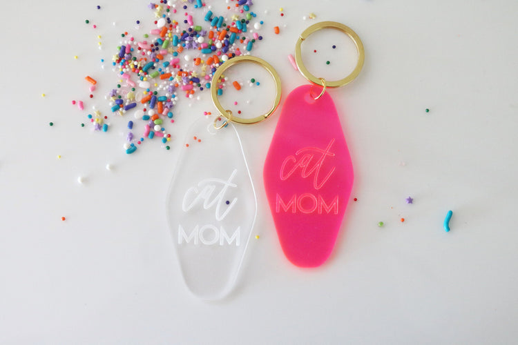cat mom motel keychain | clear or fluorescent pink