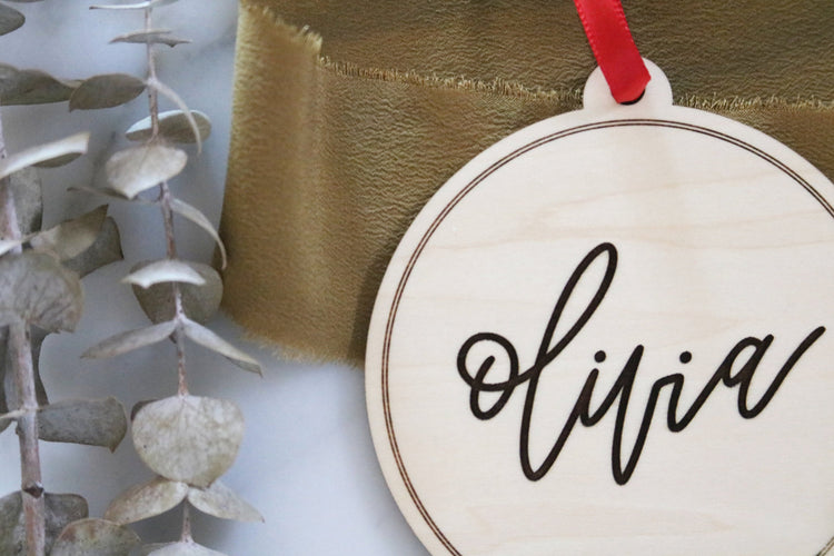 custom calligraphy name wood christmas ornament