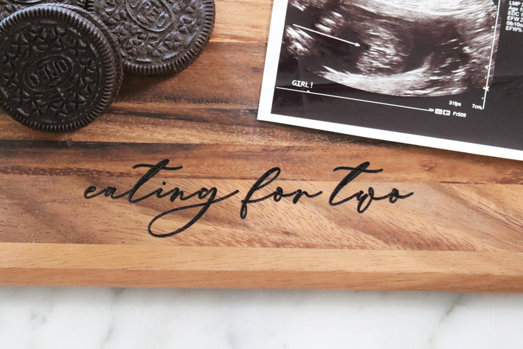 eating for two pregnancy announcement wood cutting board