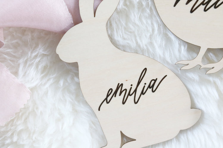 custom calligraphy wood easter basket name tag | bunny or chick