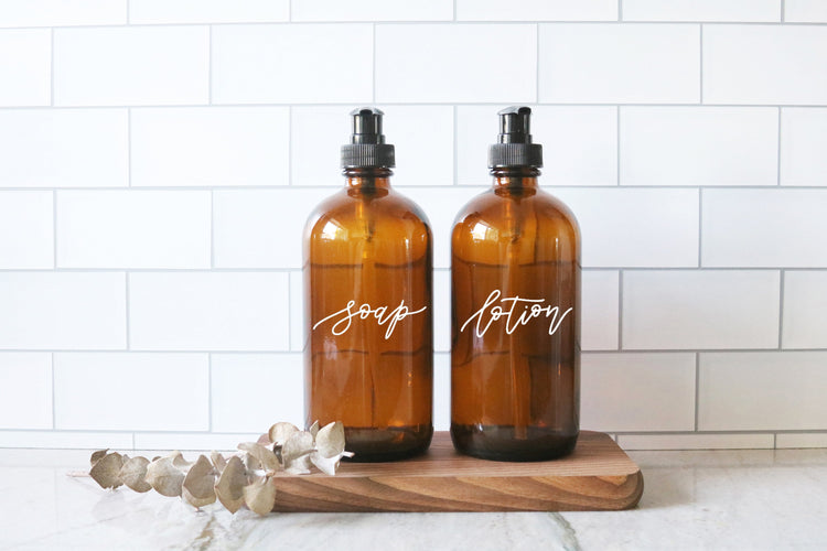 SOAP + LOTION | calligraphy amber soap dispenser set
