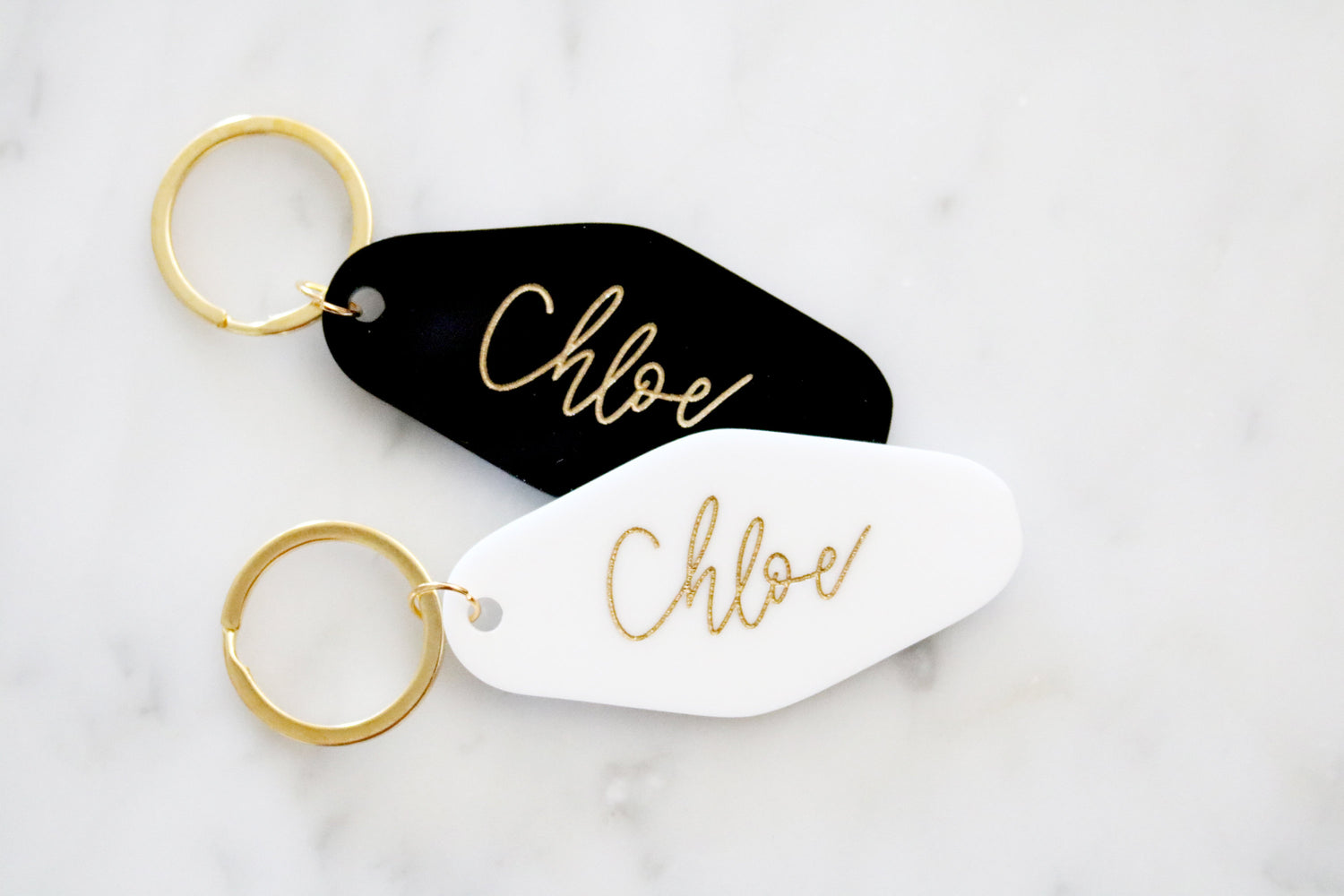 black or white custom motel keychain with gold lettering – Everthine Designs