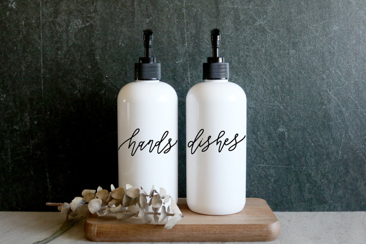 HANDS + DISHES | calligraphy white soap dispenser set 16oz