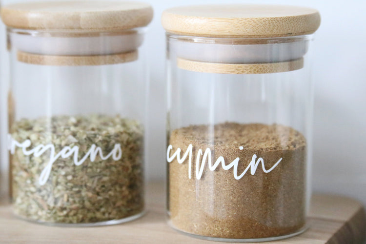 labeled kitchen spice jars