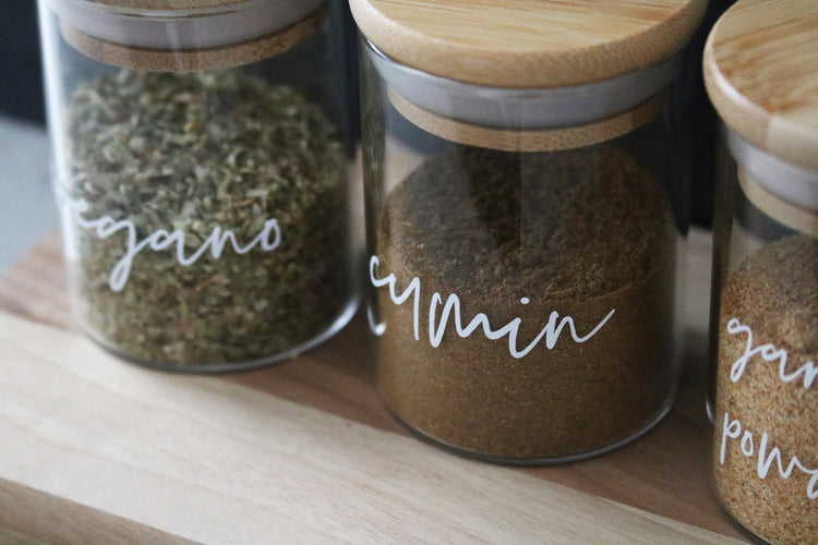 labeled kitchen spice jars
