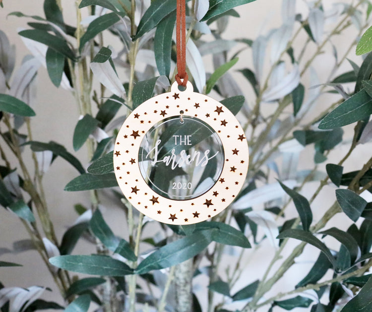 personalized christmas star wood + acrylic ornament