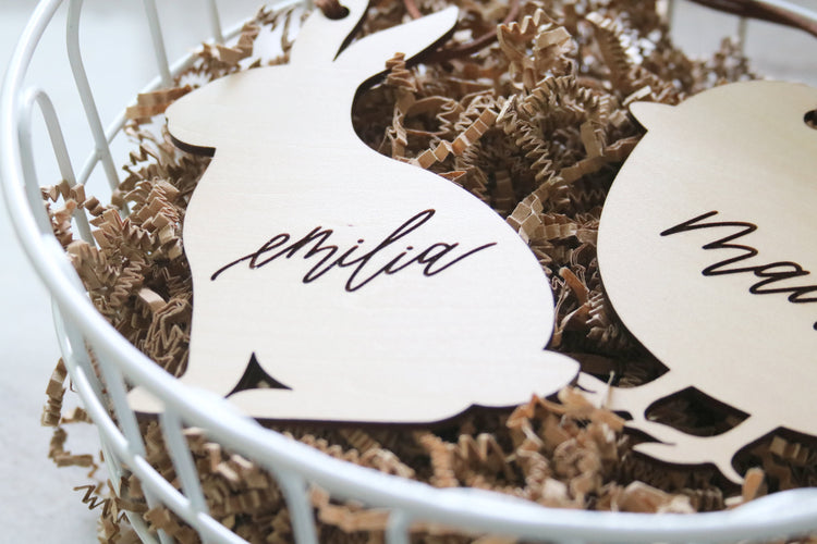custom calligraphy wood easter basket name tag | bunny or chick