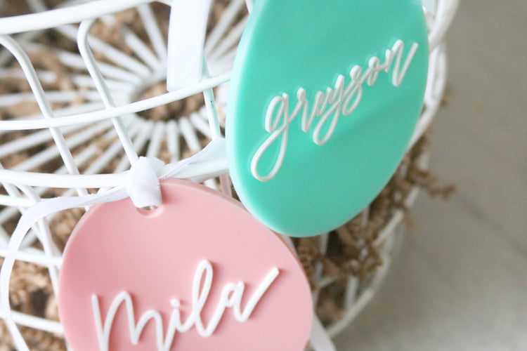 custom calligraphy egg easter basket acrylic name tag | choose your color